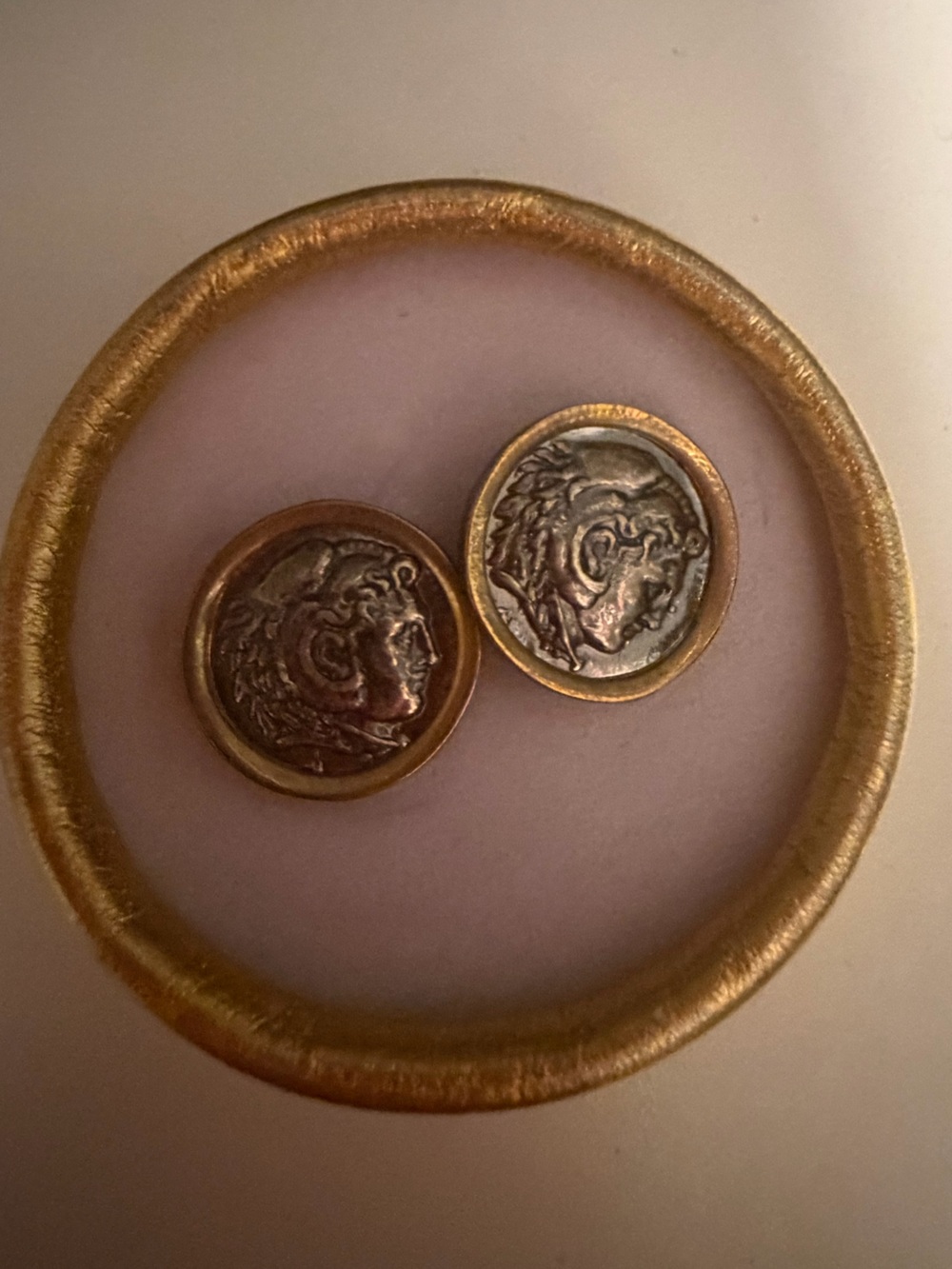 Antique-Style Two-Tone Coin Motif Button Earrings - Gold & Silver